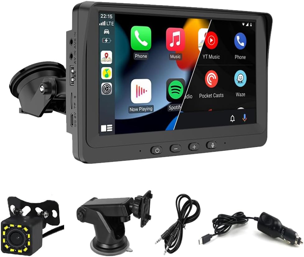 Wireless CarPlay Android Auto Screen, Portable Car Stereo 7 inch Touch Screen with Mirror Link, Bluetooth, FM Transmitter Music Video Player Built in Speaker+Reverse Camera