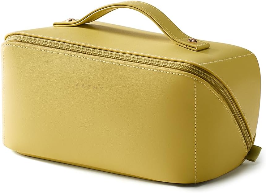 EACHY Travel Makeup Bag for Women, Flat Open Cosmetic Bag, Green, Medium