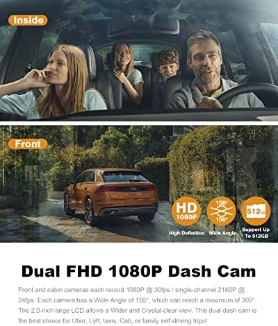 PRUVEEO Dash Cam, Front and Inside 1080P Dual FHD Dash Camera for Cars, Novatek Processor, Single-Channel 2160P, Infrared Night Vision, Built-in WiFi, 24H Parking Monitor Mode, 2 Inch LCD, 512 Gb Max