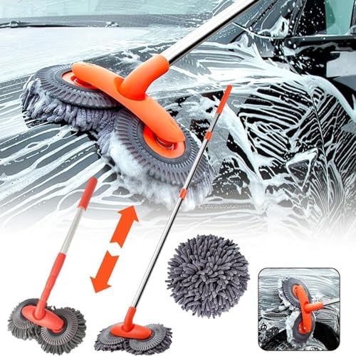 Retractable Car Wash Brush with Long Handle, Rotatable Long Handle Car Cleaning Kit, Brush Duster Scratch Free Cleaning Tool, Car Windshield Window Cleaning Kit, Microfiber Car Duster Dry Towels (1)