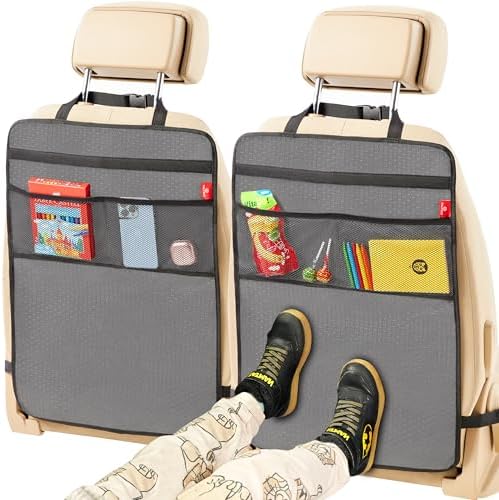 Helteko Back Seat Protector for Car, 2 Pack Premium Kick Mats for Kids, Extra Large Car Seat Cover for Backseat with Mesh Pockets, Waterproof Dirt & Mud Protection, Black