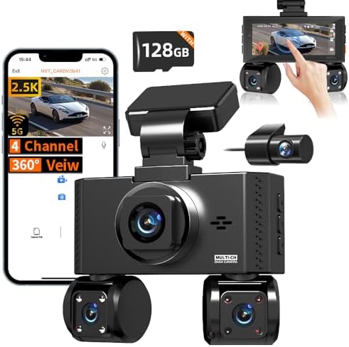 4 Channel Dash Cam Front and Rear Inside Left Right Car Dash Camera 360 View, 2.5K QHD Car Camera Supper Night Vision, 5G WiFi 3.16” IPS Touch Screen, G-Sensor,24H Parking Mode Free128G Card 256G Max