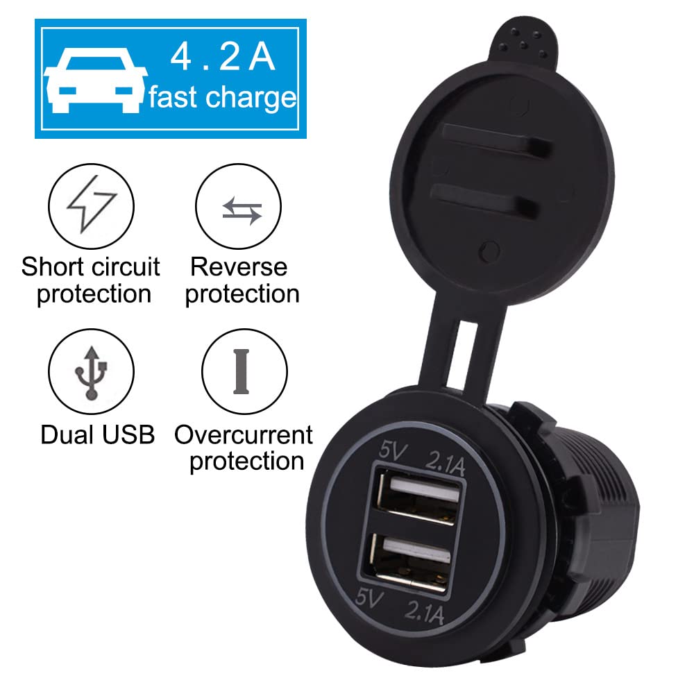 12V USB Outlet, Dual 2.1A Quick Charger Socket Waterproof for Car Boat