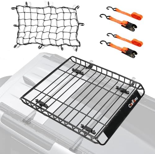 Roof Rack Basket 51″ X 36″ X 5″ Upgraded Universal Rooftop Cargo Basket, Heavy Duty 250LB Cargo Basket Car Roof Basket for SUV, Truck, Cargo Net with Attachment Hooks, 2pcs Ratchet Straps