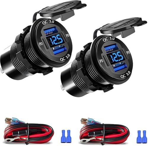Upgraded 4 Port 12V USB Outlet, 78W Dual PD & QC Aluminum Alloy USB Ports with LED Voltmeter Waterproof for Cars, Cigarette Lighter Replacement 12V Socket for Boats RV Trucks and Motorcycles