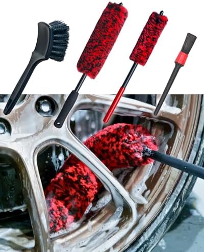 oesee Professional 4 Pack Long Handle Wheel Brush Kit for Cleaning Wheel and Tire- 2X Soft Wheel Cleaning Brush, Detailing Brush and Stiff Tire Brush, Bendable& Durable Wheel Rim Cleaner Brush Set
