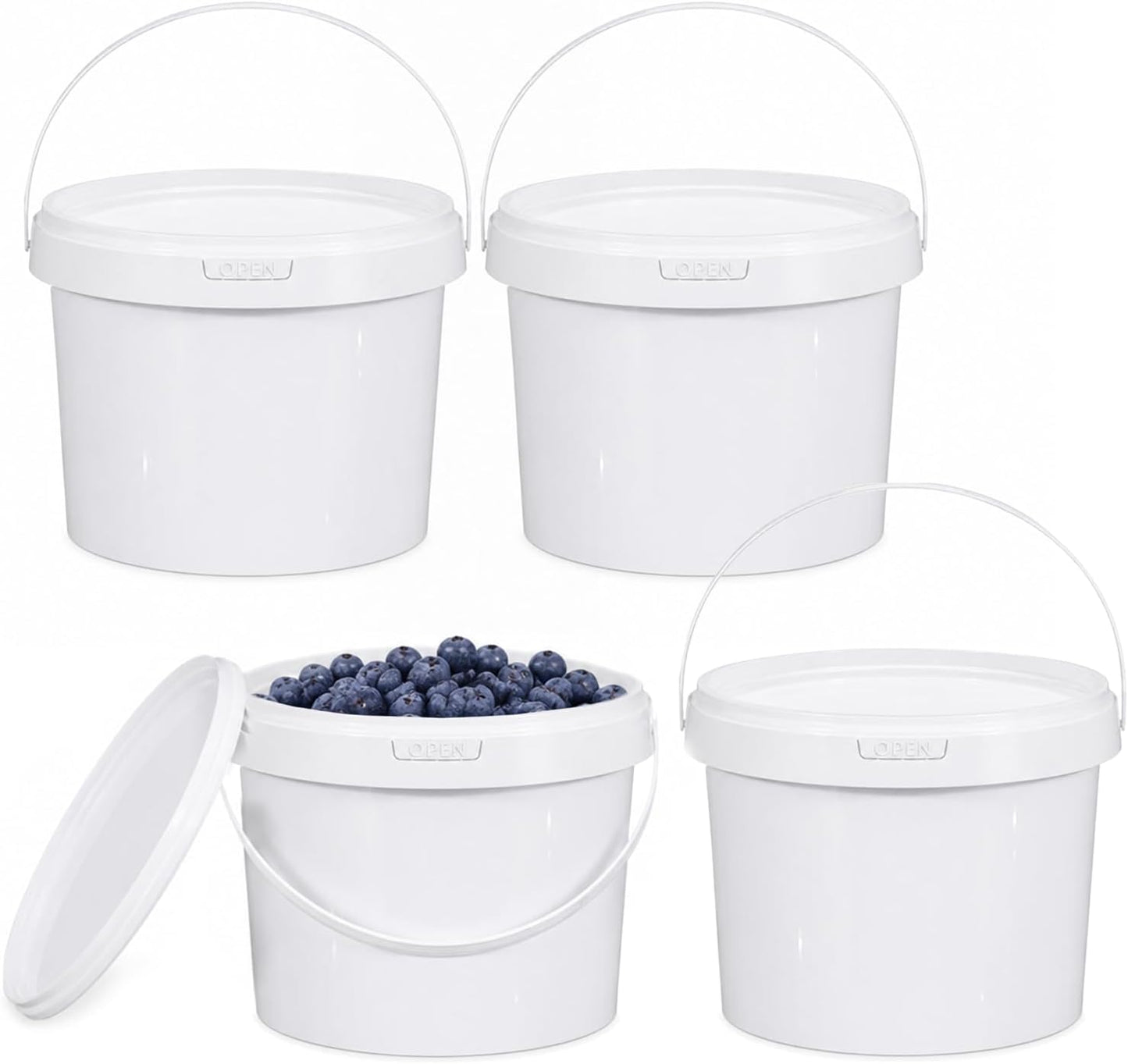 DEMORA 4 Pack 1.6 Gallon Food Grade Storage Buckets with Lids, White | BPA-Free & Stackable, Leakproof Freezer Safe; For Deli, Ice Cream, Meal Prep, Cleaning, Car Wash & Fishing