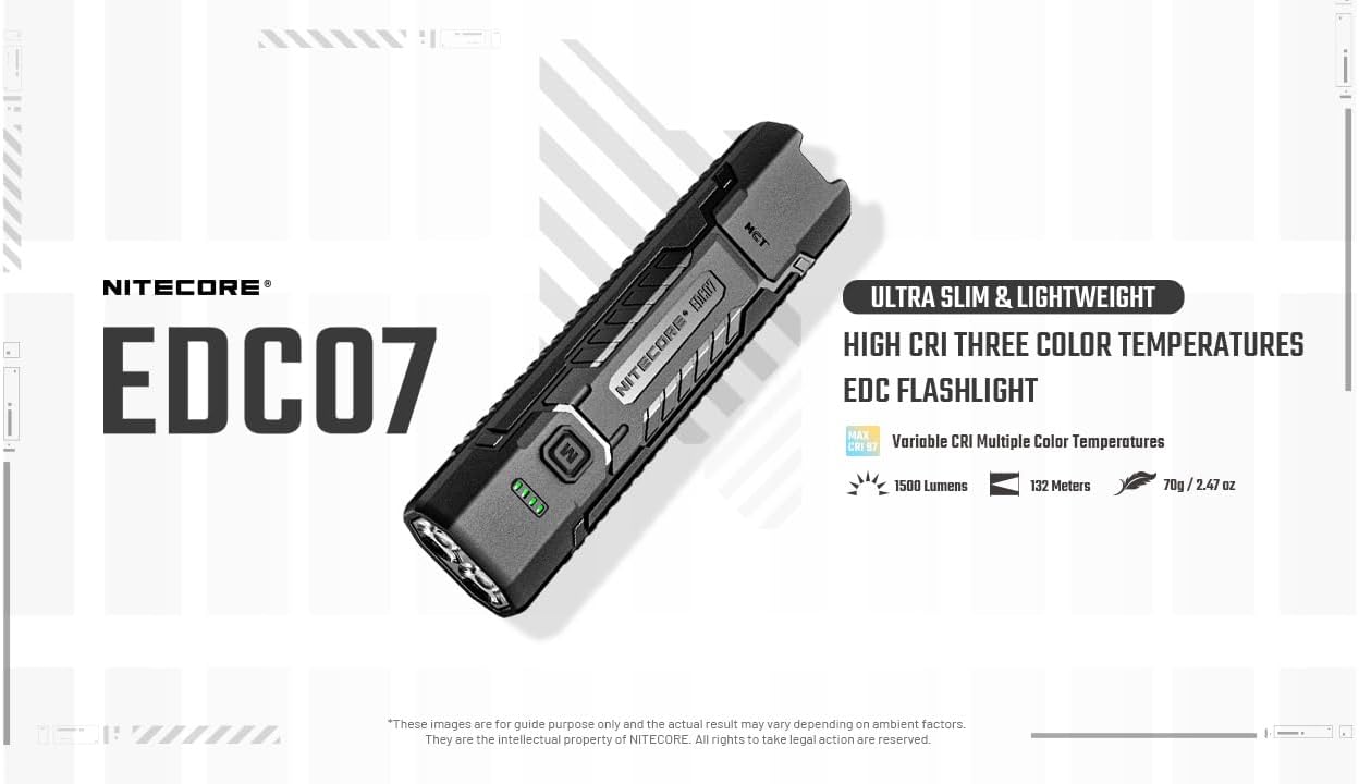 Nitecore EDC07 Flat EDC Flashlight, 1500 Lumens USB-C Rechargeable, Triple Color Temperature, Lightweight 2.47 oz, IP67 Waterproof Everyday Carry Light (Tan)