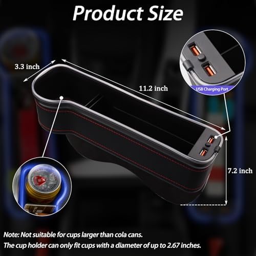 Car Seat Gap Filler Organizer, 2 Pack Multifunctional Car Seat Organizer, 7 Colours Changing LED Car Seat Seam Filler, Auto Console Side Storage Box with Cup Holders(BLACK)