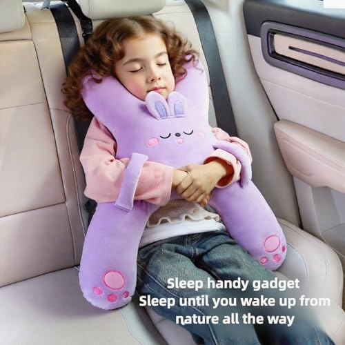 Car Pillow for Travel – Animal-Themed Car Seat Cushion with Safety Belt Protector – 4 Cute Styles: Pig, Dog, Rabbit, Panda (Rabbit)
