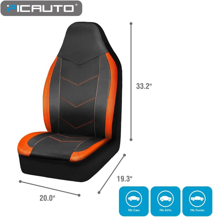 PIC AUTO High Back Front Car Seat Covers - Sports Carbon Fiber Mesh Design, Two Front Set, Airbag Compatible, Universal Fit for Most Cars (Orange)