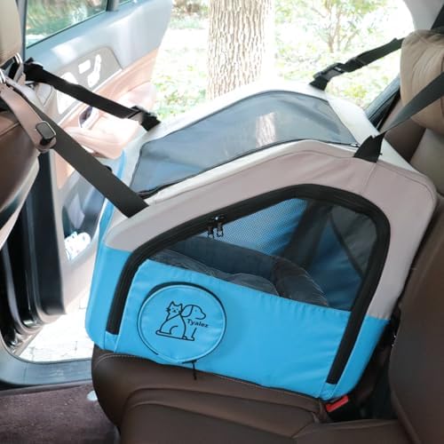 Small Portable Pet Crate for Car Travel, 19"x19"x17" Foldable Dog & Cat Carrier with Secures Seatbelt & Headrest Strap, Oxford Soft-Sided Pet Kennel with Bed for Pets