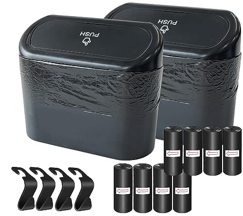 2 Pack Car Trash Can with Lid+4 PCS Car Hooks, Mini Auto Dustbin Trashcan | Includes 120 pcs Trash Bags, Automotive Storage Container Garbage Organizer, Multipurpose Trash Bin for Vehicle, Home, Office