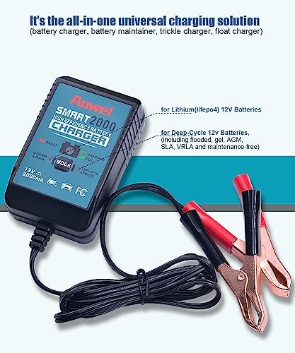Aowel 2A 12V Smart Battery Charger, Trickle Charger & Maintainer for Car, Motorcycle, ATVs and More