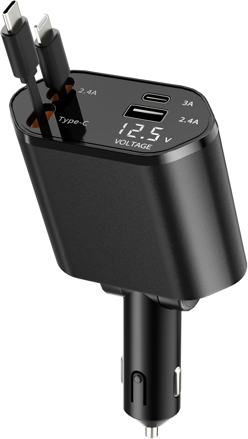 Retractable Car Charger, 4-in-1 Fast Charger with USB-C & USB-A