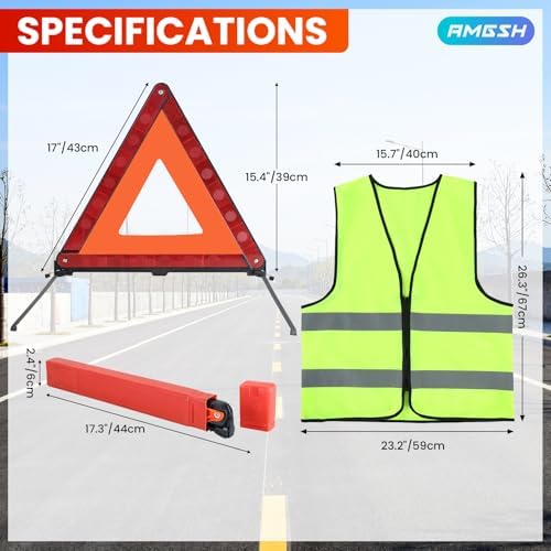 2 Pack Emergency Triangle + 2 Pack Reflective Vest, Foldable Reflective Emergency Triangles Roadside with Reflective Warning Vest, Base Roadside Triangle Kit, Roadside Emergency Car Kit