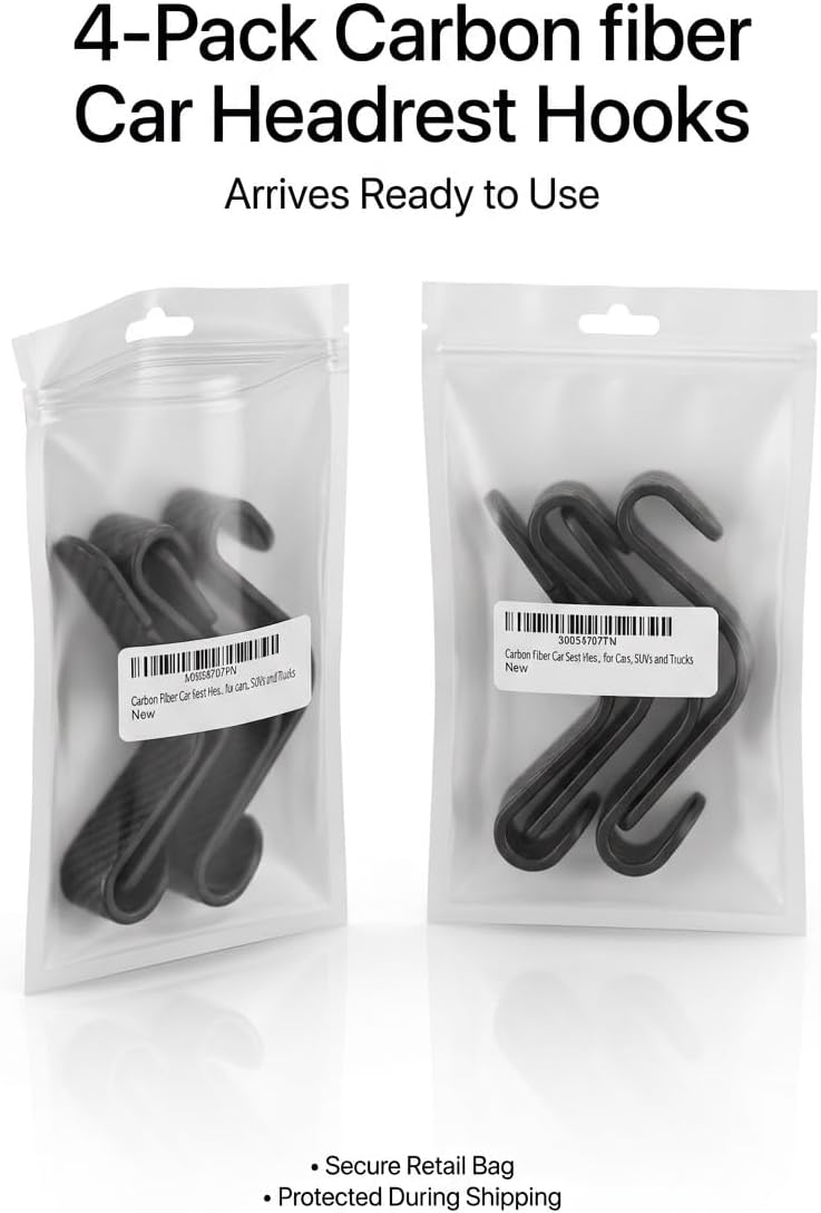 Carbon Fiber Car Seat Headrest Hooks, 4 Pack Car Back Seat Organizer Hooks for Handbags, Purses, Groceries, Coats and Accessories, Universal Vehicle Storage Hanger Hooks for Cars, SUVs and Trucks