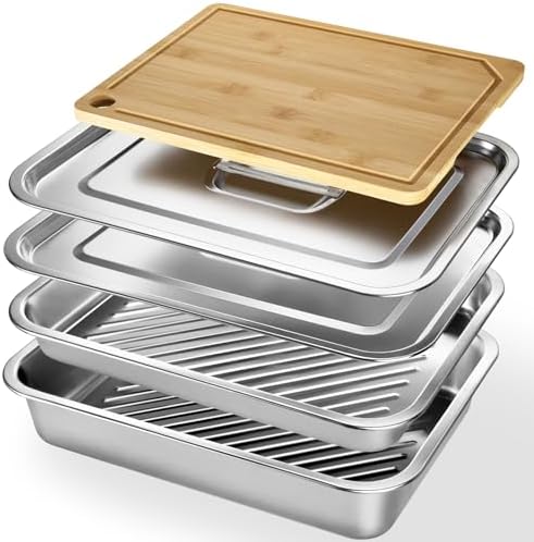 5-in-1 Grill Prep Tray and Carry System, Outdoor Grilling Prep & Serve BBQ Food Tray Accessories, Stainless Steel Meat Marinating Container with Lid & Cutting Board, Metal Cooked Meat Platter