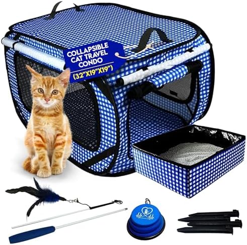 Pet Fit For Life Extra Large Cat Carrier for Travel - Foldable & Portable Collapsible Kennel with Litter Box, Feather Toy & Water/Food Bowl - Ideal for Cars, Long Trips & Indoor Cats - Blue Checkers