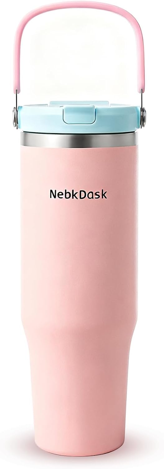 40 oz Insulated Stainless Steel Bottle with 2-in-1 Straw and Spout Lid, Water Bottle with Carry Handle Keep Cold 24H, Leak-Proof, Fits in Car Cup Holder, Travel, and School（Pink）