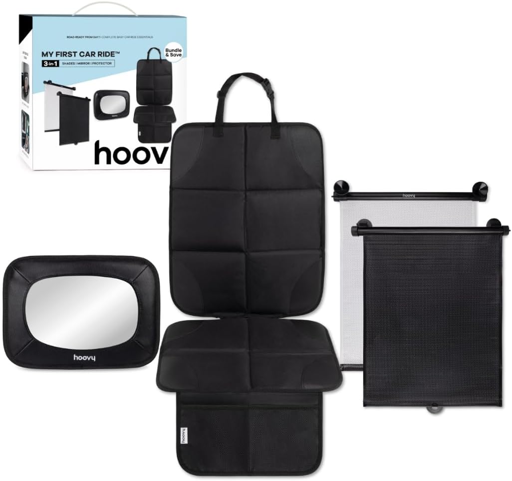 Hoovy My First Car Ride™ 3-in-1 Baby Car Essentials Bundle, Roller Sun Shades, Rear-Facing Mirror, and Seat Protector