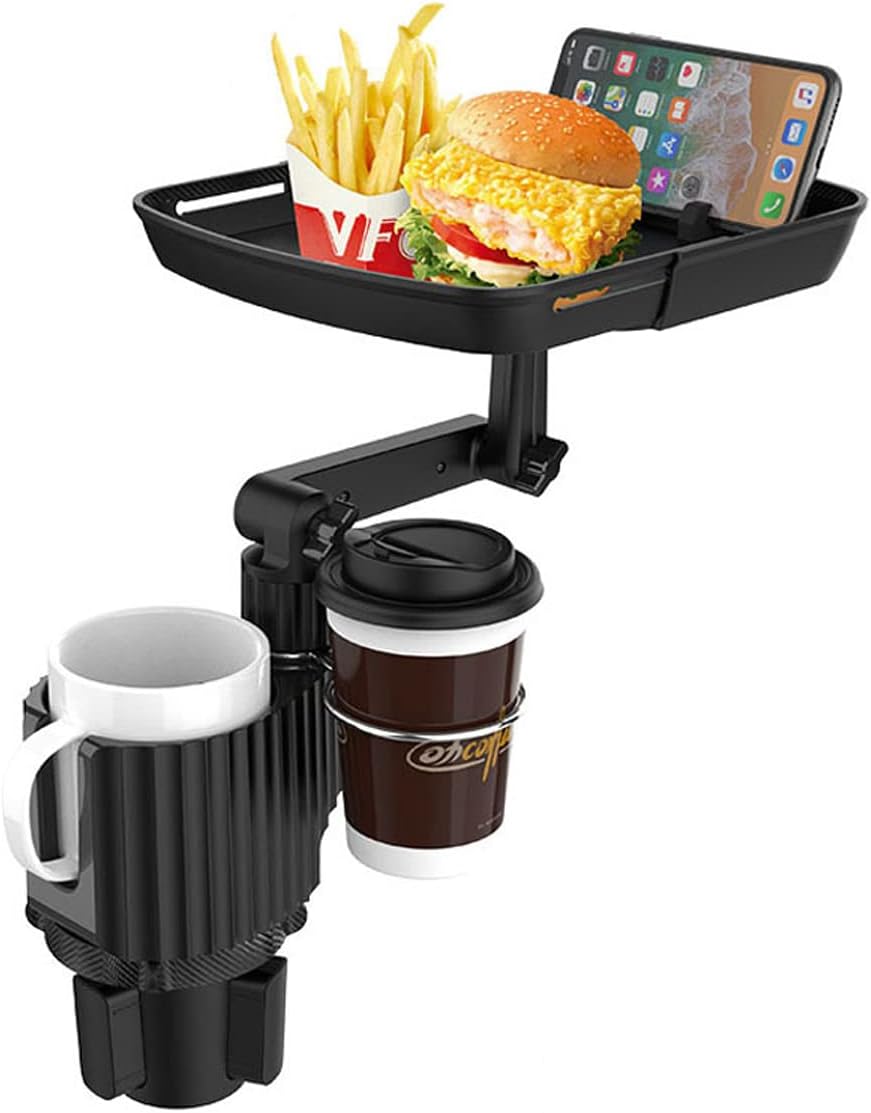 4-in-1 Car Cup Holder Expander Tray,Detachable Car Food Tray Retractable with Dual Cup Holder, Phone Holder, 360°Rotation Adjustable Base, Road Trip Essentials Car Accessories (A01)