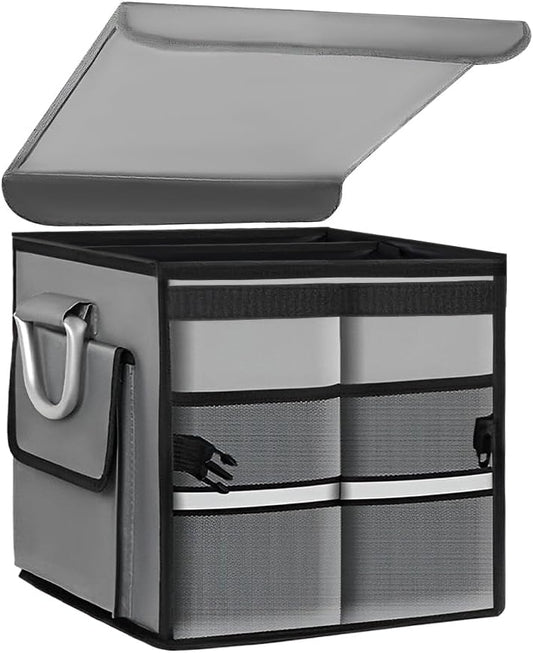 Car Trunk Organizer With Lid, 28L Collapsible Waterproof Oxford Fabric Trunk Organizer with Aluminum Handle, Portable 2-Compartment Cargo Storage Box for SUV, Truck, Sedan (Gray)