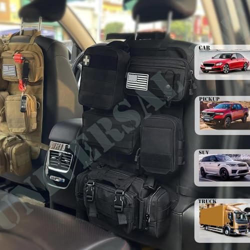 6 Pack Tactical Molle Car Seat Back Organizer,Backseat Organizer for Man | Tactical Vehicle Panel Organizer with 5 Detachable Molle Pouch,US Flag Patch and Keychain,Great Trunk Accessories