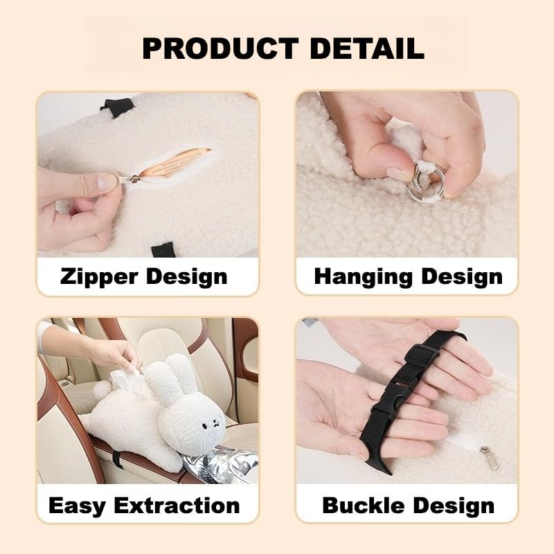 Plush Rabbit Car Tissue Holder Hanging Bunny Napkin Dispenser, Cat