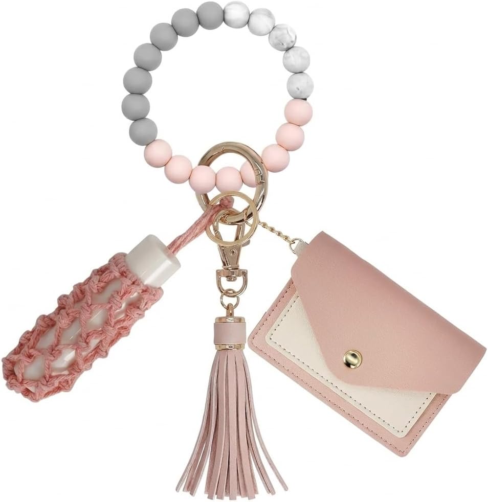 BIHRTC Silicone Key Ring Bracelets Wristlet Keychain Wallet with Net Chapstick Holder for Women
