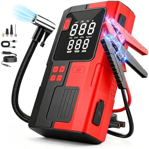 12V 5000A Jump Starter with Air Compressor Portable for Car Emergency，UltraSafe, 160PSI, 9.0L Gas/6.0L Diesel, Tire Inflation, Jumper Cables, LED Light, for Car, Motorcycle, SUV
