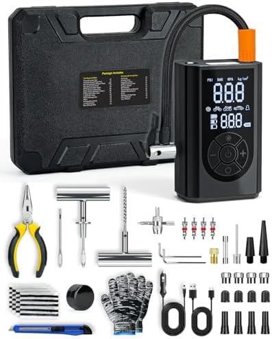 Tire Repair Kit with Portable Air Compressor, Tire Plug Kit 58PCS with Cordless Tire Inflator (150 PSI) for Car, Motorcycle, Tractor, Truck, Ball