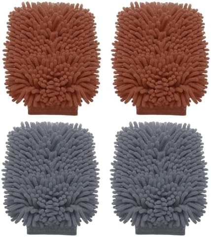 HARFINGTON 4pcs Chenille Microfiber Car Wash Mitts 9"x5.5" Grey Brown