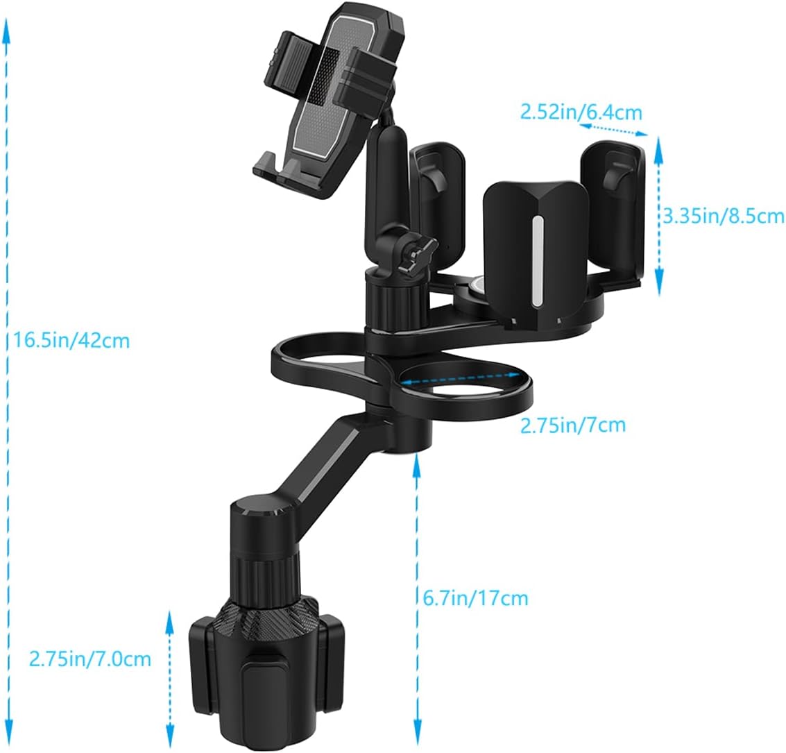 4-in-1 Car Expander with Dual Cup Holder, Phone Holder, 360 Adjustable Base, All Purpose Organizer for Snack Bottles, Drinks
