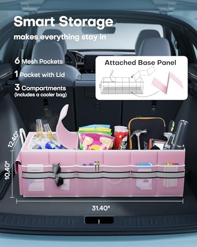 HOTOR Trunk Organizer - Car Organizer with Built-In Leakproof Car Cooler, Collapsible Trunk Organizer with Cooler for Car, SUV, Sedan, with Base Panel (3 Compartments, Pink),31.9"×12.6"×10.6"