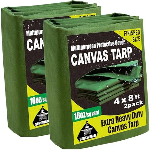 2 Pack Heavy Duty Canvas Tarp 4x8 Feet 16oz Water-Resistant Canvas Cover with Grommets，Tear Resistant, Durable, Multipurpose Protective Green Tarp for Camping, Tent, Car