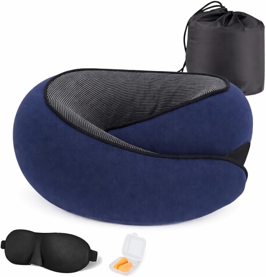 Oramo Travel Neck Pillow Memory Foam Travel Set with Eye Mask, Ear Plugs & Bag for Long Haul Flights, Car, Train, Office Adults & Kids. Zipper Makes It Easy to Clean.