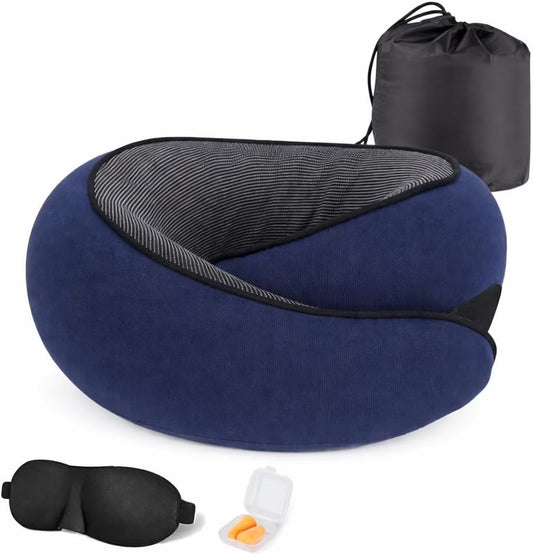 Oramo Travel Neck Pillow Memory Foam Travel Set with Eye Mask, Ear Plugs & Bag for Long Haul Flights, Car, Train, Office Adults & Kids. Zipper Makes It Easy to Clean.