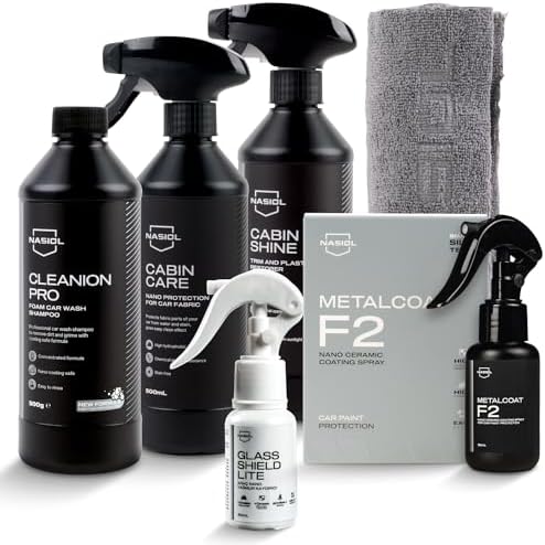Nasiol Car Nano Protection and Cleaning Package Standard-Advantage Set-(Rain Repellent, Ceramic Coating, Plastic Surface Protection, Fabric Surface Protection, Car Shampoo, Microfiber Cloth)