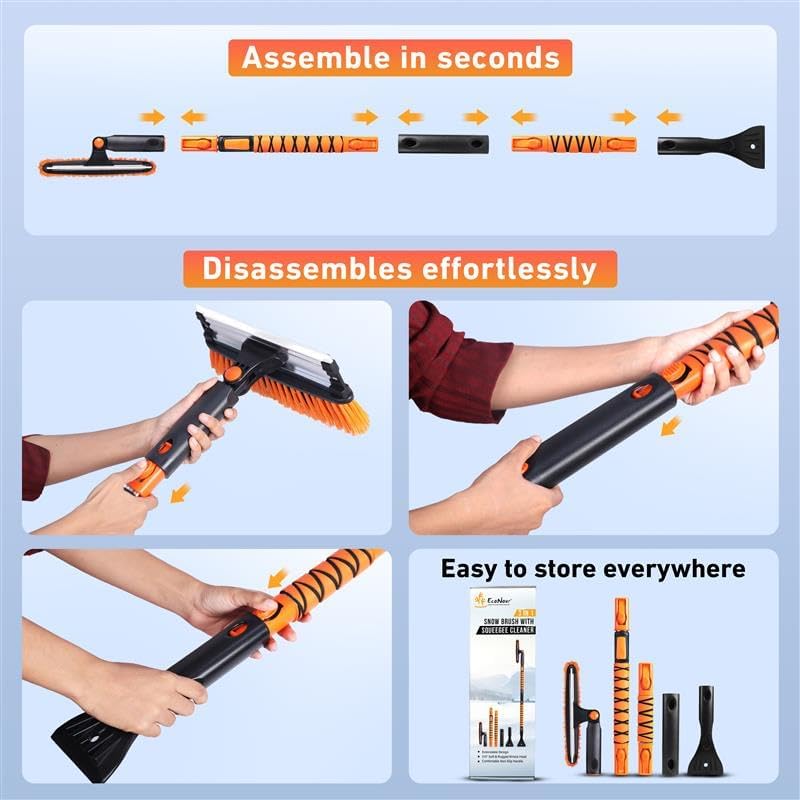EcoNour 49" Extendable Squeegee Snow Brush and Ice Scraper for Car Windshield & Windows | 270° Telescopic Snow Broom with Pivoting Squeegee | Heavy Duty Car Snow Removal Tool for SUV, Truck & Car