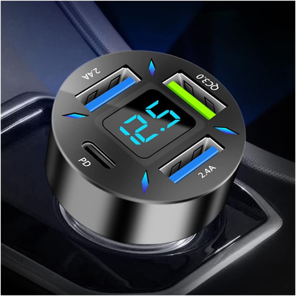 Car Charger 66W Super Fast Charging with USB C&QC 3.0(Voltmeter&LED Lights) Universal Quick Charge for 12-24V Car Cigarette Lighter Plug,Compatible with iPhone 14 13,S22,iPad(2Pcs-Black-QC/PD/2.4A)