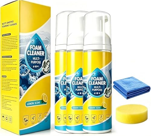 4-in-1 Multi-Enzyme Foam Cleaner,3PCS New Foam No-Rinse Cleaner,All Purpose Cleaning Foam for Car Interior, Home Kitchen, Bathroom,Multi-Surface Stain Remover with Cleaning Sponge & Towel (3PC)