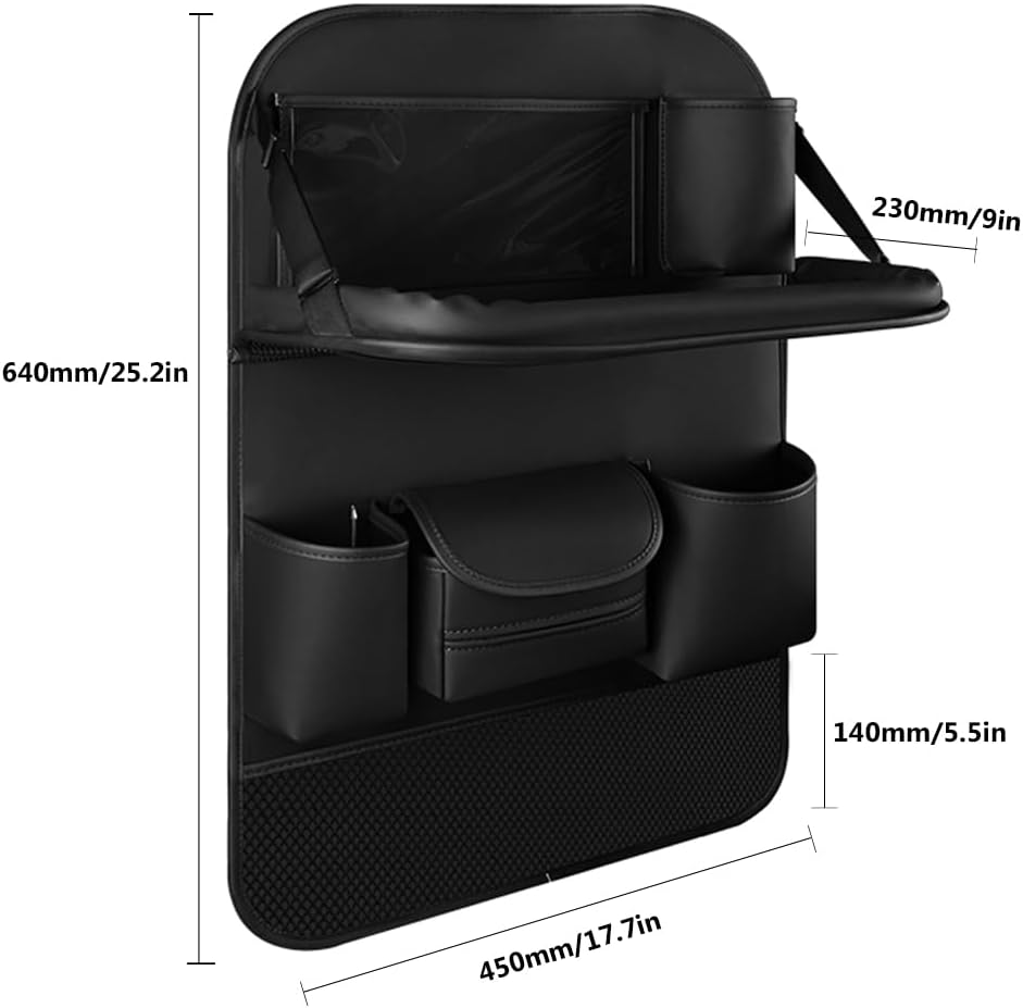 2PCS Car Backseat Organizer Seat Back Protectors Kick Mats with Foldable Table Tray, PU Leather Car Storage Organizer with Tablet Holder, Car Tissue Holder Kids Toys Storage Travel Accessories (Black)