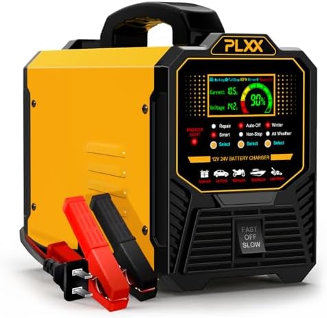 PLXX 12V 24V Car Battery Charger Heavy Duty 0-15A Automatic Smart Trickle Charger with Auto Shutoffs, Repair, Winter Mode, for Automotive Car Truck Motorcycle Lawn Mower Boat Marine AGM