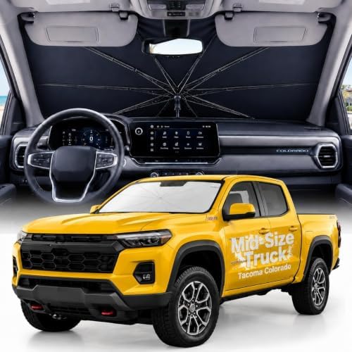 Weektic Truck Windshield Sun Shade Umbrella for Tacoma/Colorado/Canyon/Santa Cruz - Double Thickened Ice Crystal Coating, Sun & Heat Protection, Keep Cool & Protect Interior