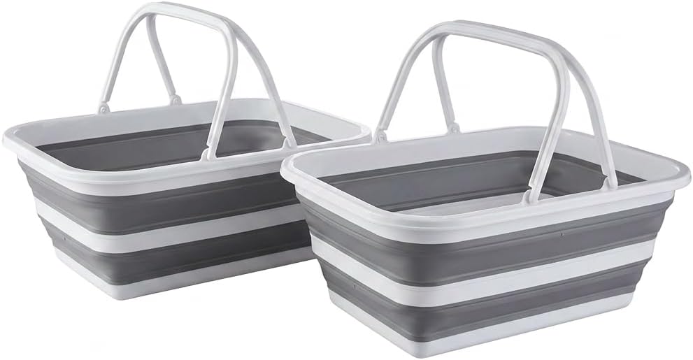 Monozuki Collapsible Sink 4.8Gal/18.1L, Heavy Duty Foldable Basin with Handles for Camping, Car Wash, Kitchen – Also Use as Storage Basket for Home, Garage, RV(Grey)