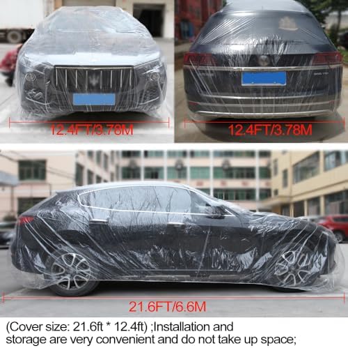 4 Packs Disposable Car Cover Clear Plastic Car Cover Universal Rain Dust Garage Cover with Elastic Band Medium (12.4 FT x 21.6 FT)