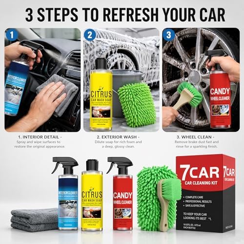 Complete Car Cleaning Kit - Interior Cleaner, Citrus Car Wash Soap, Wheel Cleaner with Chenille Glove, Wheel Brush & Microfiber Towel | for Cars, Trucks, RVs & SUVs