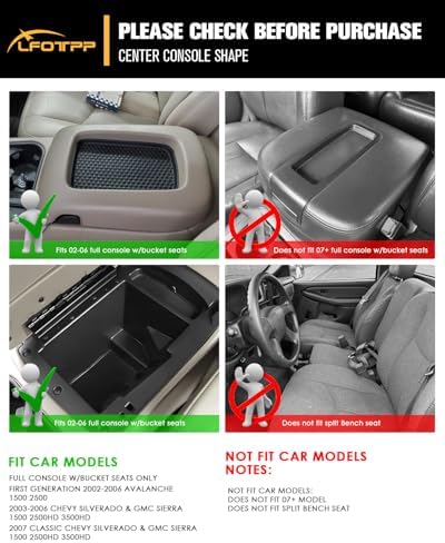 LFOTPP Silverado Center Console Organizer for 1st Gen 2003-2006 Silverado Sierra 1500 2500HD 3500HD/ 2007 Silverado Sierra Classic / 2002-2006 Avalanche Accessories - Full Console w/Bucket Seats Only