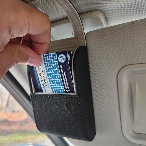 Visor Clip Caddy Vegan Leather Storage CASE for Eyeglass Wipes, Anti-Fog Wipes, Cleaning Wipes and Accessories with Easy Access Quick Release SELF Closing Magnetic Closure – Black